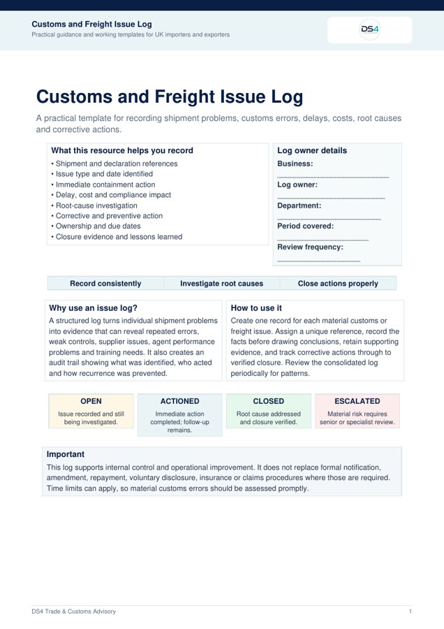 Customs and Freight Issue Log