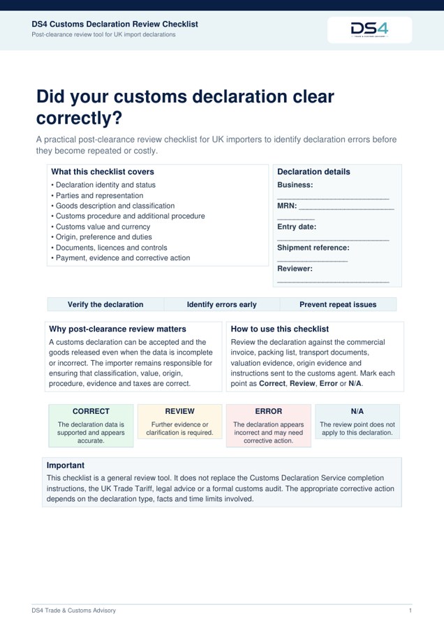 Customs Declaration Review Checklist