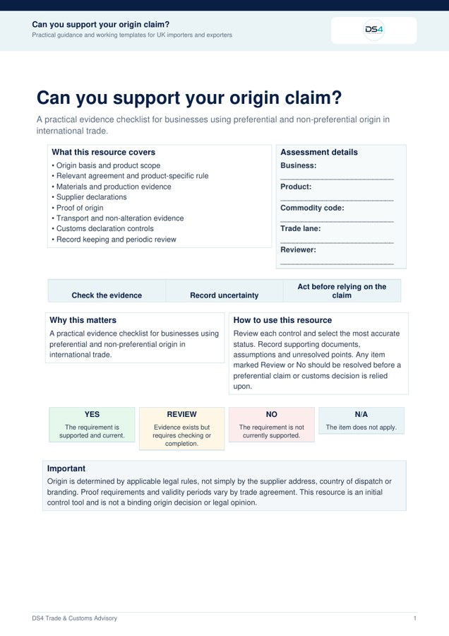 Origin and Preference Evidence Checklist