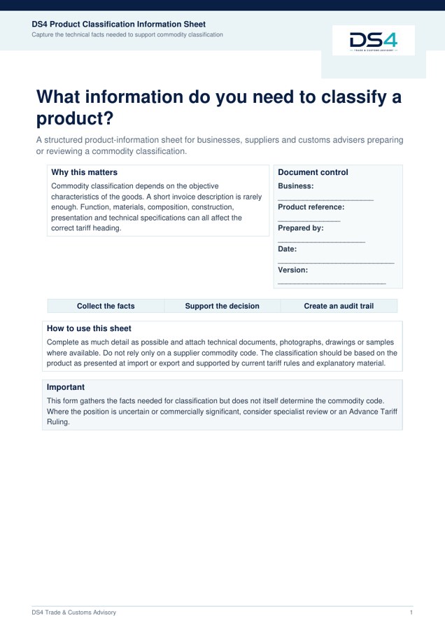 Product Classification Information Sheet